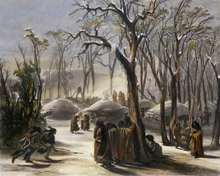 Winter Village of the Minatarres, deska 26 ze svazku 2 „Cesty ve vnitrozemí Severní Ameriky“, vyryla Narcisse Desmadryl, 1844 (akvatinta)